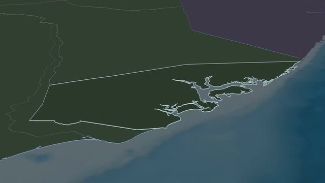 Lamu, county with its capital, zoomed and extruded on the administrative map of Kenya in the conformal Stereographic projection. Animation 3D