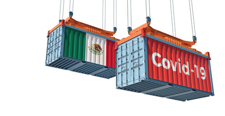 Container with Coronavirus Covid-19 text on the side and container with Mexico Flag. Concept of international trade and travel spreading the Corona virus. 3D Rendering 