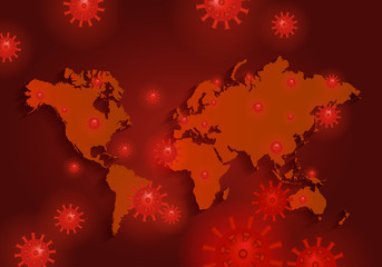 Red world map with flying coronavirus. Coronavirus or other world epidemic concept.