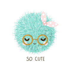 Cute little pompon with gold glitter glasses. Trendy kids graphic. Vector hand drawn illustration.