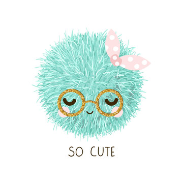 Cute little pompon with gold glitter glasses. Trendy kids graphic. Vector hand drawn illustration.