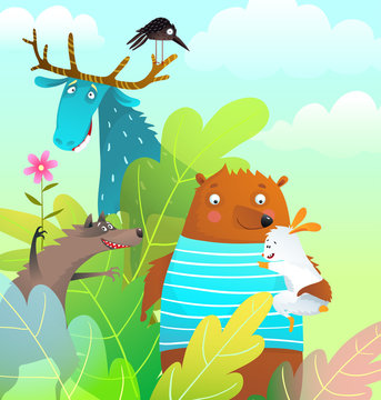 Animals Friends bear moose rabbit and wolf in the forest happy smiling wildlife story greeting card.