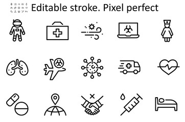 Set of Coronavirus Protection Vector Line Icon. Contains such Icons as Ambulance, Novel CoronaVirus, Protective Measures, Symptoms, Incubation Period and more. 48x48 Pixel Perfect. Editable Stroke