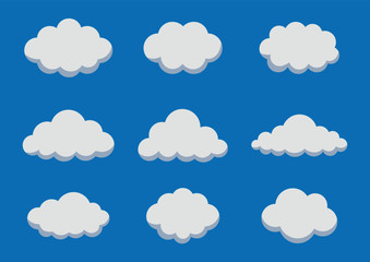 white fluffy cloud set cartoon style isolated on blue background. vector Illustration.