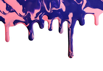 Marble drops flowing down.Liquid texture of mixed nail polish.Pink and purple combination.Isolated on white.Horizontal banner.Cosmetics concept.Backdrop for design.