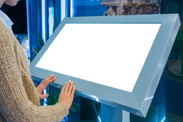 Mock up, copyspace, template, isolated, white screen, futuristic concept. Mockup: woman looking at...