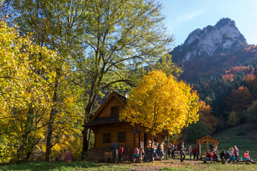 Tourist cottage in the mountains in autumn