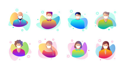 Male female in white medical protective face masks protecting airborne virus infection gradient avatar set. Pandemic stop novel coronavirus outbreak quarantine concept vector illustration