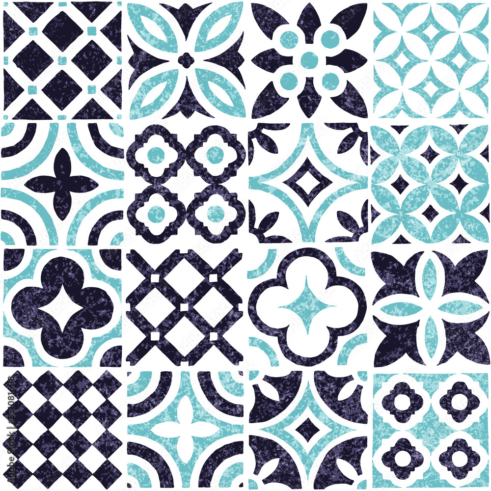 Wall mural Blue and white tile seamless pattern. Patchwork grunge ornament. Vector illustration.