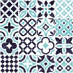 Foto op Plexiglas anti-reflex Portugese tegeltjes Blauw en wit tegel naadloos patroon. Lappendeken grunge sieraad. Vector illustratie.