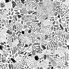 Doodle black and white seamless pattern. A large set of freehand drawn elements on paper. Pencil sketches - vector illustration.