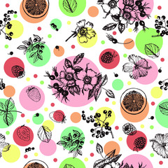 Graphic Sketches Plants Fruit Tea color seamless