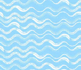 Bright blue seamless pattern with white wavy sea brush strokes. Tender marine wave lines texture for textile, wrapping paper, cover, surface, wallpaper, banner decor