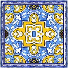 Portuguese Azulejos tile bandana scarf. Traditional Portuguese Mosaic tile decoration. Watercolor blue and yellow artwork. Antique ceramics tileable, heritage. Old painted panel with floral pattern