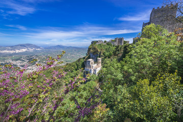 Aerial view with Pepoli Turret and Venus Castle in Erice historic town on a Mount Erice, Sicily...