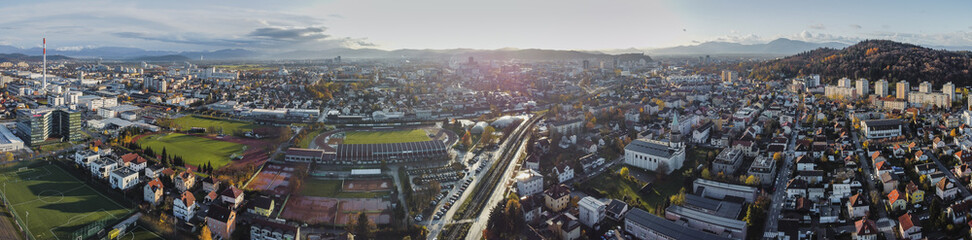 Morning aerial winter panorama of Siska, a suburban part of Ljubljana, capital of Slovenia, with...