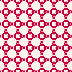 Funky geometric seamless pattern with red crosses, circles, mesh, grid, repeat tiles. Abstract vector background. Stylish modern texture. Design for decor, fabric, cloth, carpet, wrapping, textile