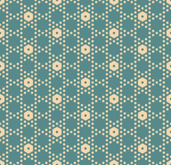 Hexagon texture, vector seamless pattern in soft muted colors, teal and tan. Perforated surface, hexagonal grid. Minimalist abstract repeat background. Elegant design for decor, prints, fabric, cloth