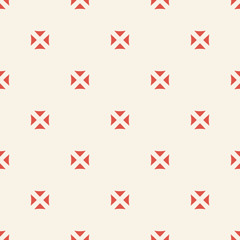 Subtle minimalist vector seamless pattern with small floral shapes, triangles, squares. Simple geometric texture in red and beige color. Abstract minimal background. Stylish modern repeating design