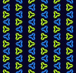 Funky vector seamless pattern. Modern geometric texture with colorful triangles on black background. Bright blue and green colors. Simple abstract pattern for kids, boys and girls. Repeatable design