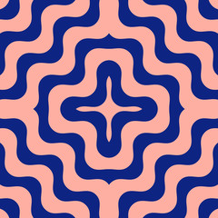 Vector geometric seamless pattern with concentric wavy lines, stripes, curved shapes. Stylish abstract background in soft pink and navy blue colors. Simple modern texture. Trendy repeatable design