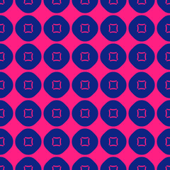 Vector minimalist geometric seamless pattern with circles, squares, dots. Colorful funky style texture. Trendy bright colors, magenta and navy blue. Kids fashion background. Repeat decorative design