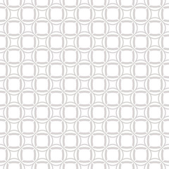 Vector geometric seamless pattern with delicate grid, net, mesh, lattice, weave, rounded shapes, squares, circles. Subtle abstract white and light gray background. Simple minimal repeatable design