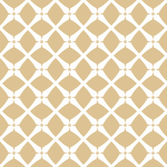 Golden geometric grid texture. Abstract seamless pattern in oriental style. Luxury vector background. Simple white and gold ornament with diamond shapes, flower figures, stars, net, repeat tiles