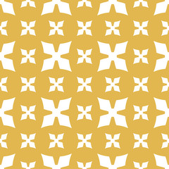 Simple vector floral texture. Geometric seamless pattern with flower silhouettes, crosses. Elegant abstract ornamental background. Mustard yellow and white colored ornament. Minimal repeating design