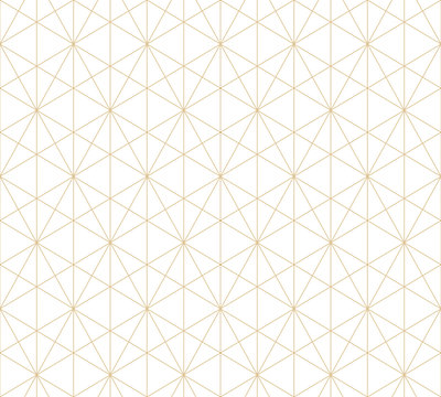Golden lines pattern. Vector geometric seamless texture with delicate grid, thin lines, hexagons, triangles. Abstract white and gold graphic background. Art deco style ornament. Subtle repeat design