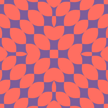 Vector abstract geometric seamless pattern. Simple texture with curved shapes, petals, leaves, grid. Background in trendy colors, coral and purple. Funky style design for decor, covers, print