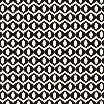 Vector abstract geometric monochrome seamless pattern with wavy lines, curved shapes, mesh, net, grid, lattice, weaving, tissues. Simple black and white background texture. Minimal repeated design