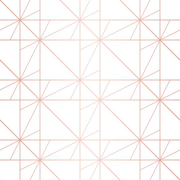 Rose gold pattern. Vector geometric lines seamless texture. Golden ornament with delicate grid, lattice, net, squares. Abstract luxury graphic background. Metallic copper lines. Premium repeat design