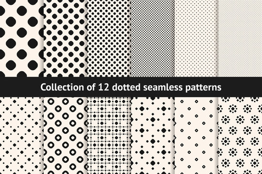 Polka dot patterns collection. Vector geometric seamless textures with circles, dots, spots. Set of black and white minimal abstract dotted background swatches. Simple monochrome repeatable designs