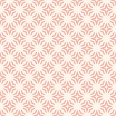 Abstract ornamental vector geometric seamless pattern. Elegant pink and white texture with diamonds, floral shapes, stars. Simple ornament background in oriental style. Repeat design for decor, fabric