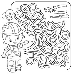 Maze or Labyrinth Game for Preschool Children. Puzzle. Tangled Road. Matching Game. Coloring Page Outline Of Cartoon Worker with tools. Coloring book for kids.