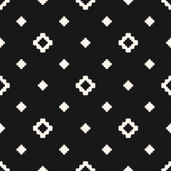 Fototapeta na wymiar Vector floral geometric texture. Abstract black and white seamless pattern with small flower shapes, diamonds, squares, crosses. Simple minimal monochrome background. Dark minimalist repeat design