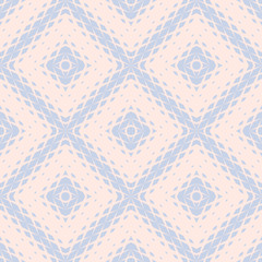 Vector geometric seamless pattern with fading rhombuses, diamonds, repeat tiles. Concentric halftone gradient transition effect. Elegant light blue and pink background. Modern abstract geo texture