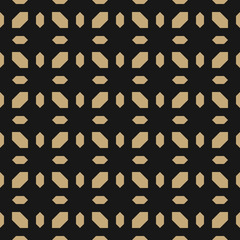 Golden floral geometric seamless pattern. Simple minimal vector ornament with small diamonds, flower shapes, grid. Elegant minimalist background. Black and gold luxury texture. Repeat geo design