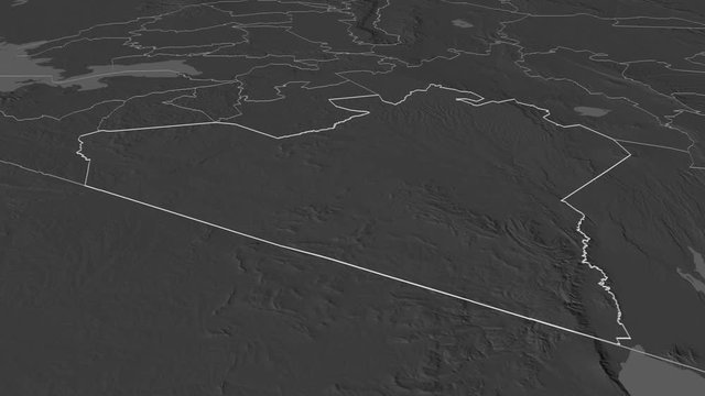 Narok, county with its capital, zoomed and extruded on the bilevel map of Kenya in the conformal Stereographic projection. Animation 3D