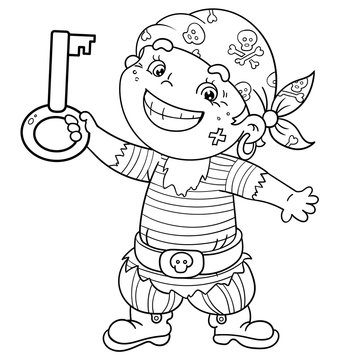 Coloring Page Outline Of Cartoon Pirate with key of treasure chest. Coloring book for kids.