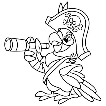 Coloring Page Outline Of Cartoon jolly pirate or parrot with spyglass. Coloring book for kids. Vector image for pirate party for children.