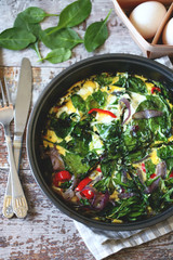 Selective focus. Frying pan with spinach omelet. Keto diet. Omelet with spinach and vegetables.