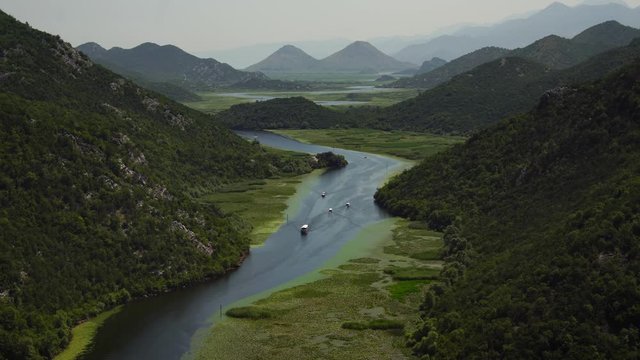 Montenegro, panorama of crnojevica river water bend at pavlova strana, valley in national park skadar lake. Nature landscape, summer tourism & family travel destination in Balkans Europe.