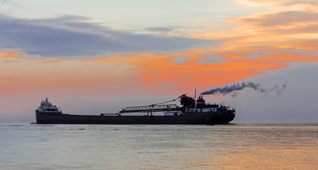 cargo ship at sunset