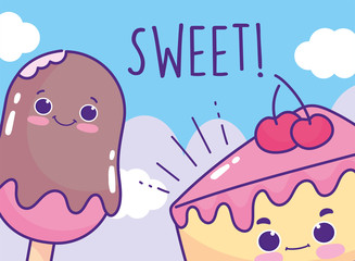 food cute ice cream in stick and cake cartoon