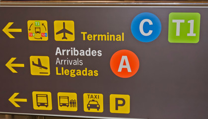 BARCELONA, SPAIN - 27.02.2020: Screens panels with information for the travelers in transit at Terminal 2 of Barcelona el Prat - Josep Tarradellas international airport