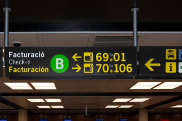 BARCELONA, SPAIN - 27.02.2020: Screens panels with information for the travelers in transit at Terminal 2 of Barcelona el Prat - Josep Tarradellas international airport