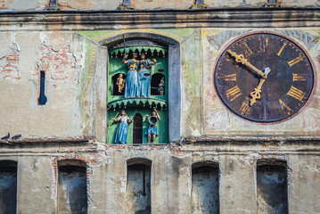Details of famous Clock Tower in historic part of Sighisoara city located in Mures County of Romania
