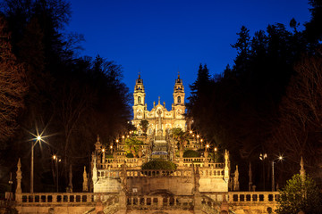 Sanctuary of Nossa Senhora dos Remedios and monumental staircase in Lamego, Portugal, at dusk.